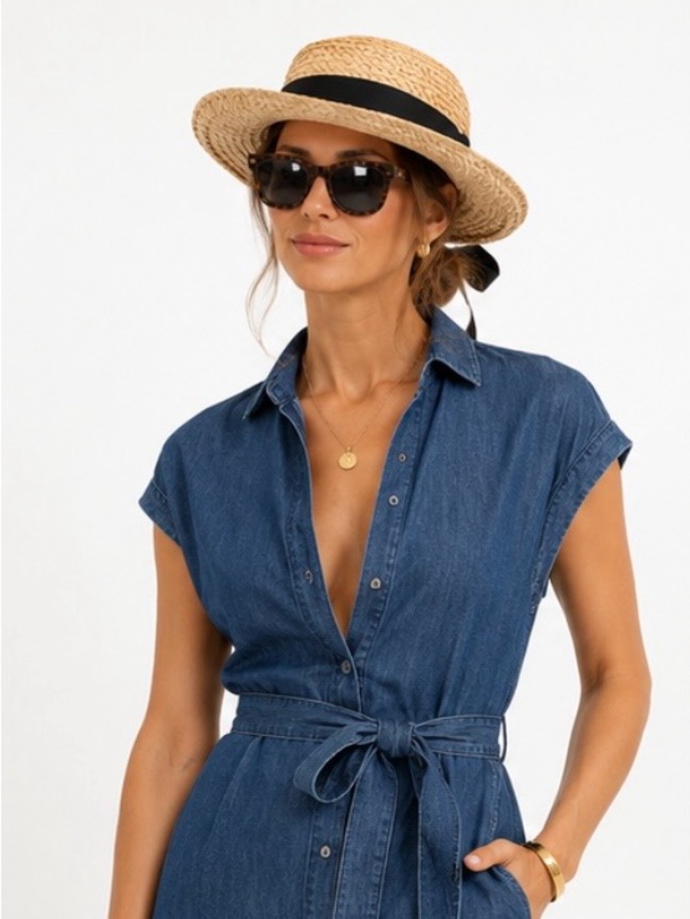Helen Kaminski Raffia Straw Hat with Black Ribbon Handmade in Madagascar
